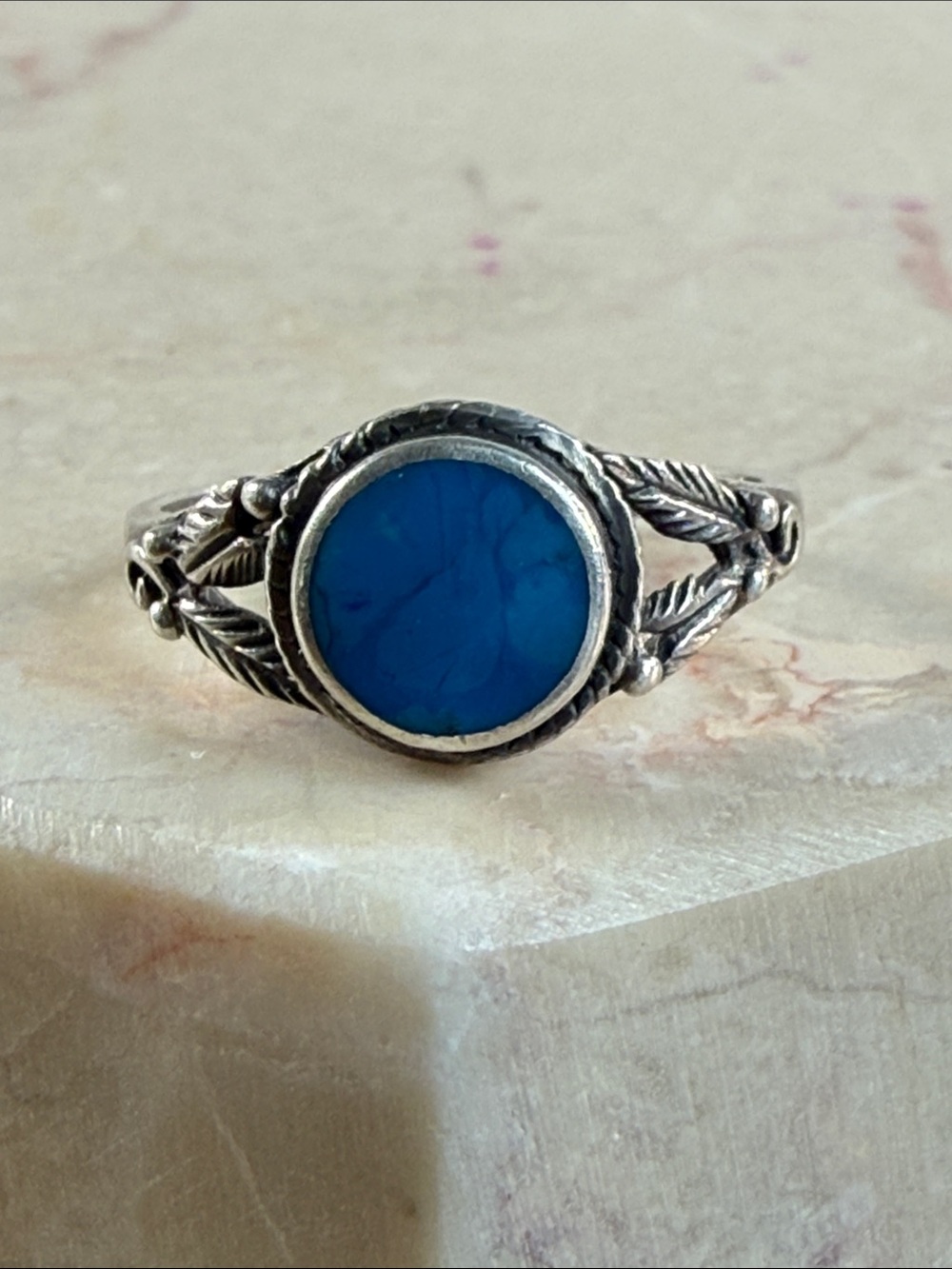 Navajo Indian Sterling Silver Blue Turquoise Stone Filigree Ring, Size 6.5